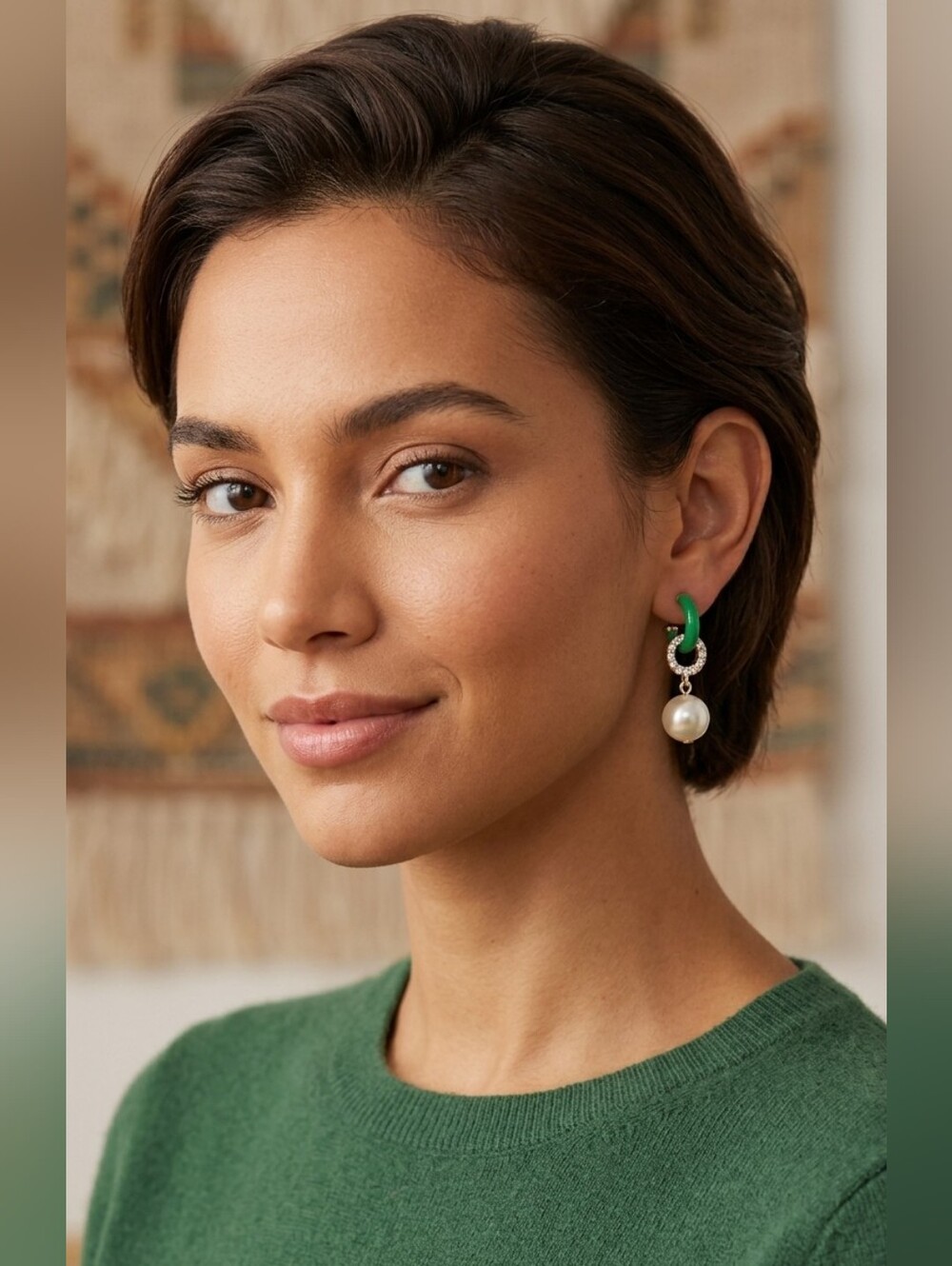 Green Enamel and Pearl Goldtone Drop Earrings New With Tags